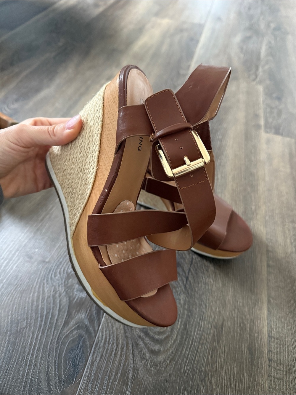 Call It Spring Brown Leather-Style Espadrille Wedges with Gold Buckle